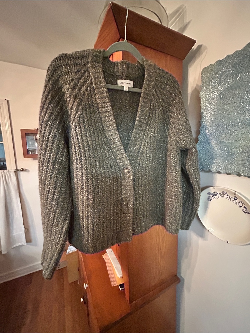 Lucky Brand Olive Speckled Ribbed V-Neck Button Cardigan